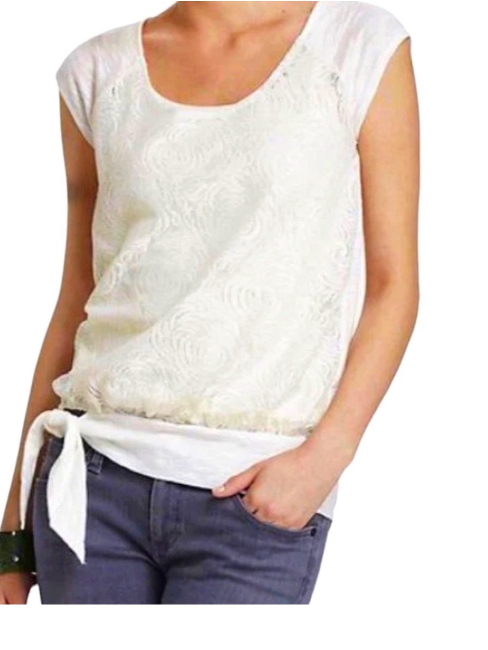 Anthropologie Vanessa Virginia White Cream Tie-Front Lace Riley Tee M